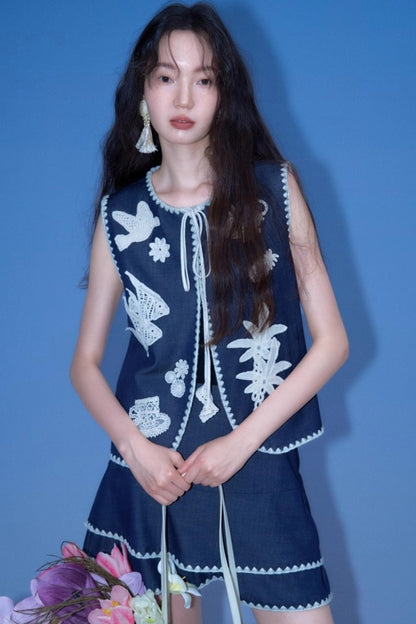 Island Tea Flower Embroidered Top & Skirt Set-Up