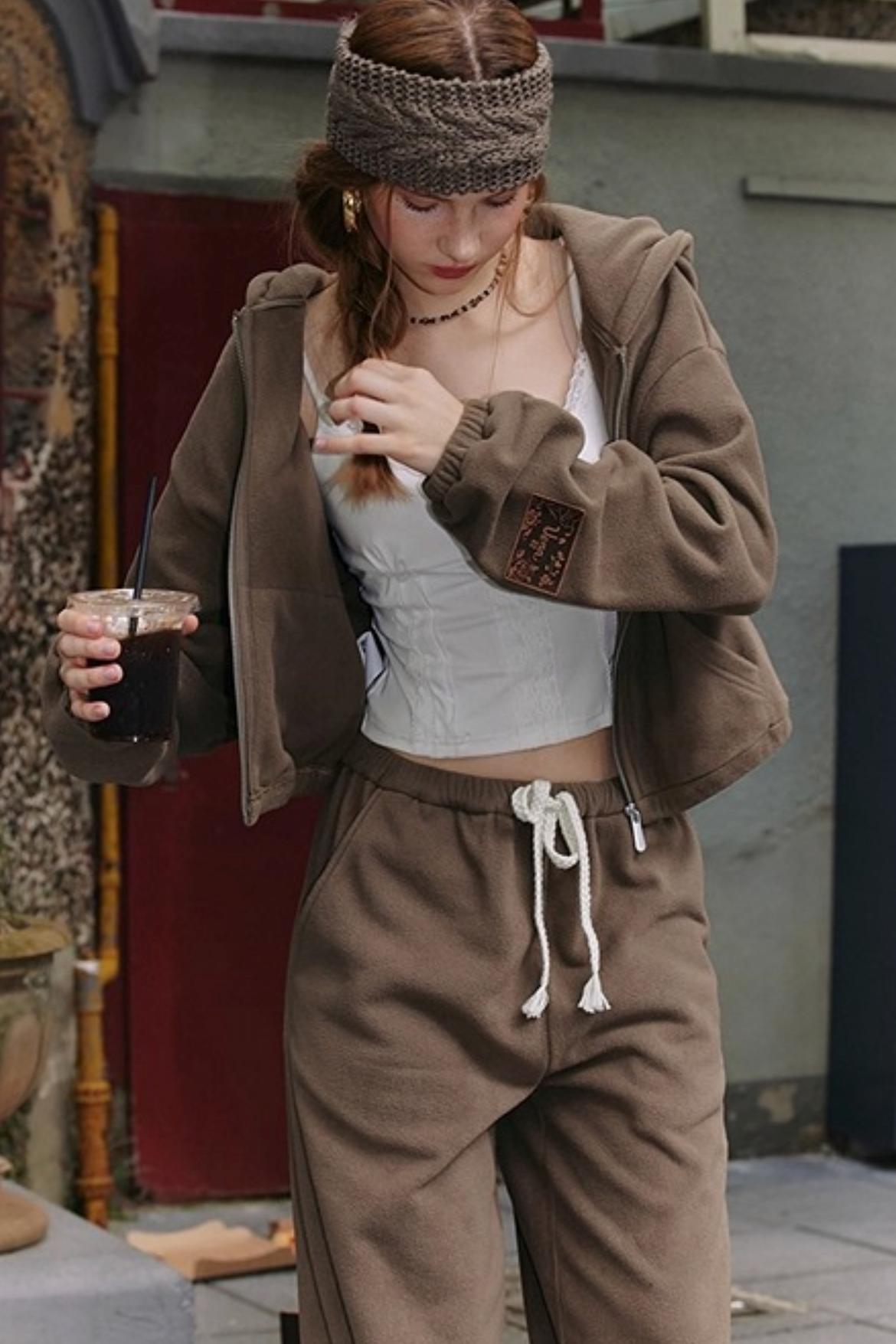 Khaki Fleece Bunny Ear Cardigan Set-Up