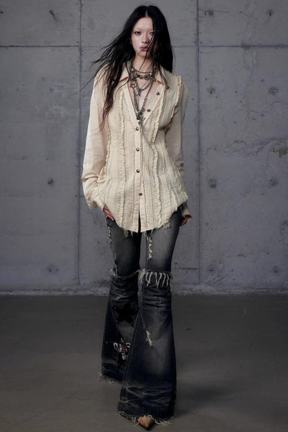 Vintage Lace V-Neck Bubble Sleeve Shirt