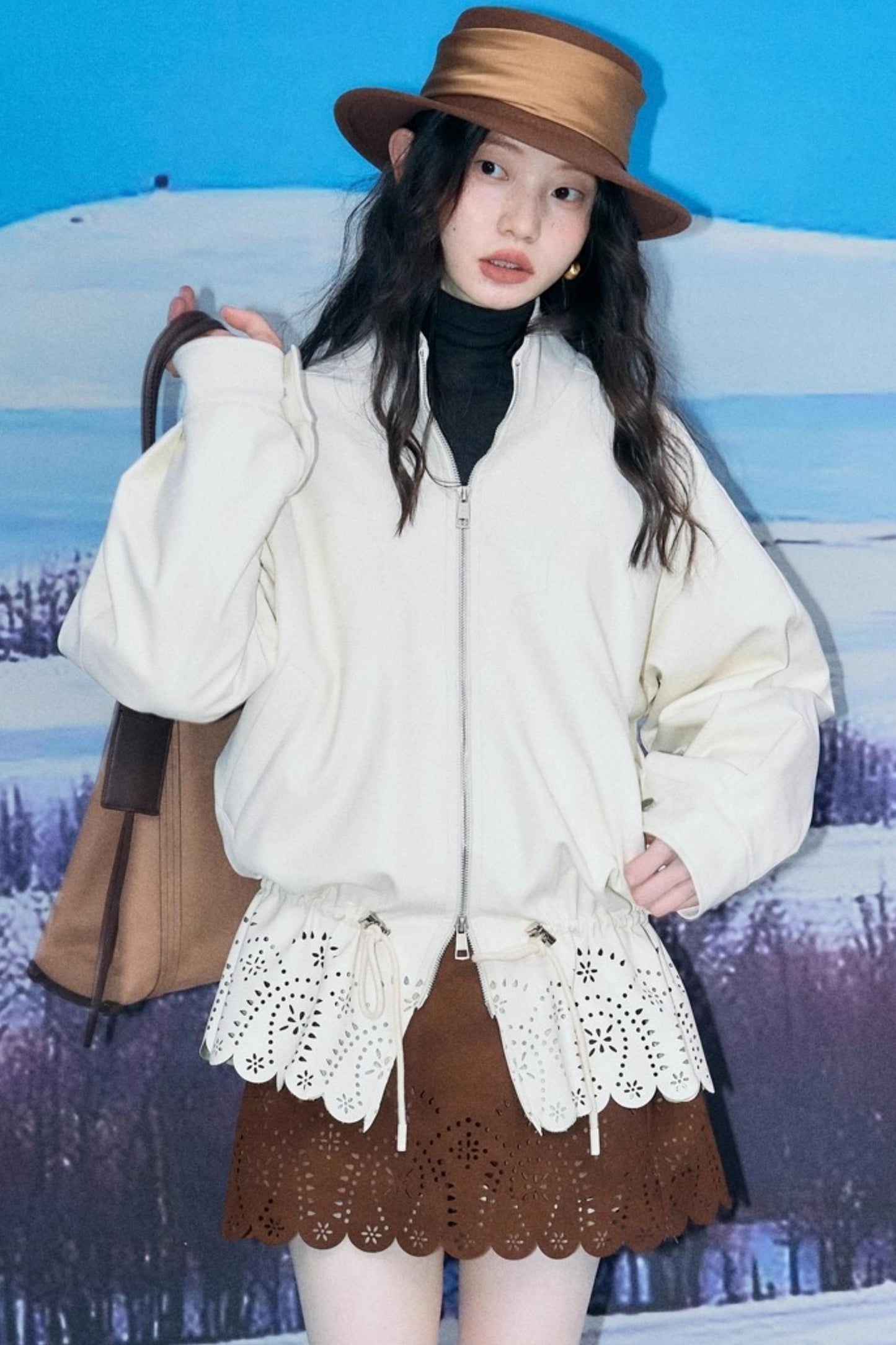 Hollow-Out Floral Leather Jacket