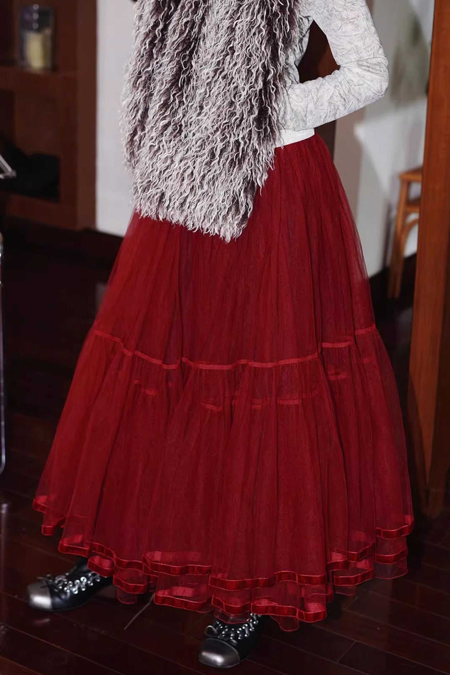 Autumn Mesh Puffy Long Skirt