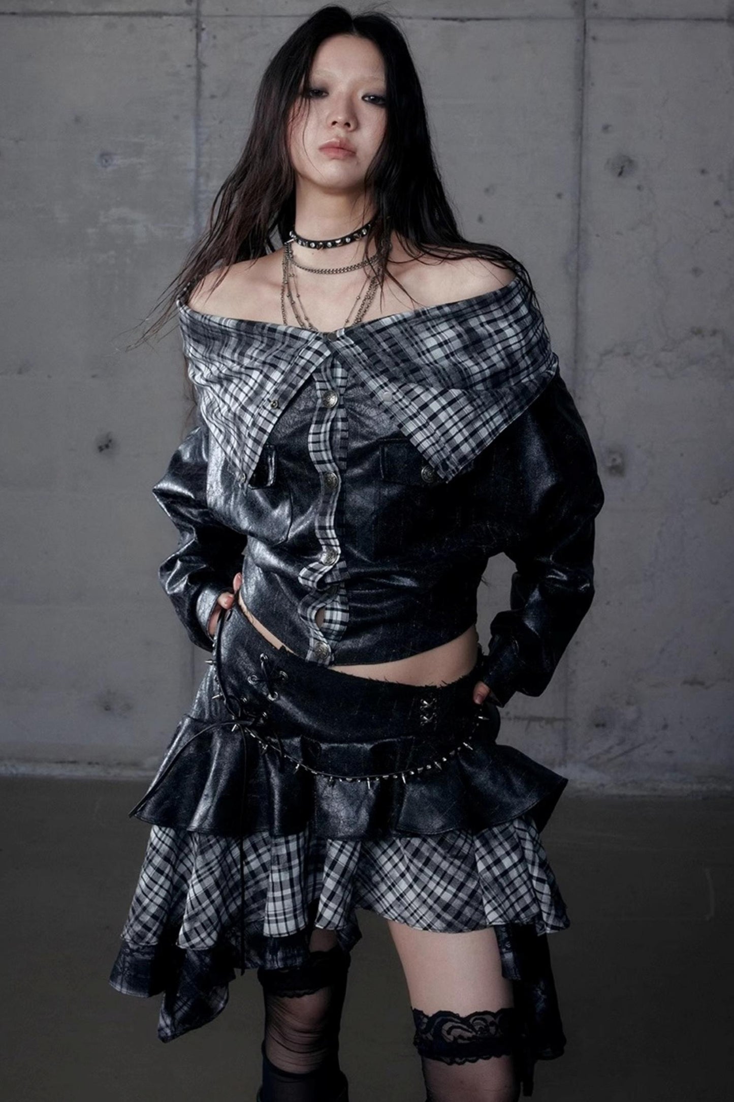 Dark Plaid Leather Top