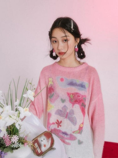 Romantic Butterfly Print Thin Sweater