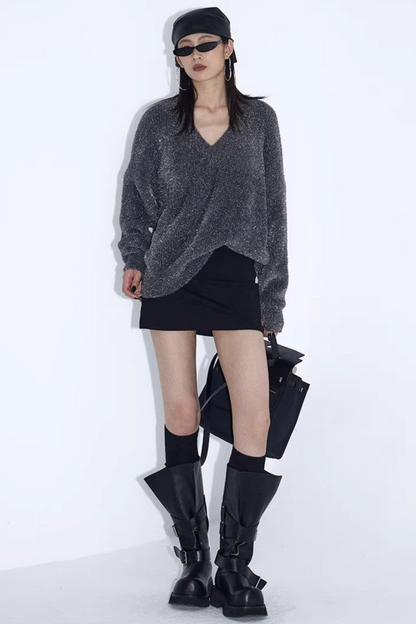 Silberner Faden V-Ausschnitt Strickpullover