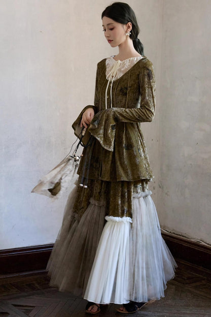 French Velvet Long Sleeve Lace-up Top