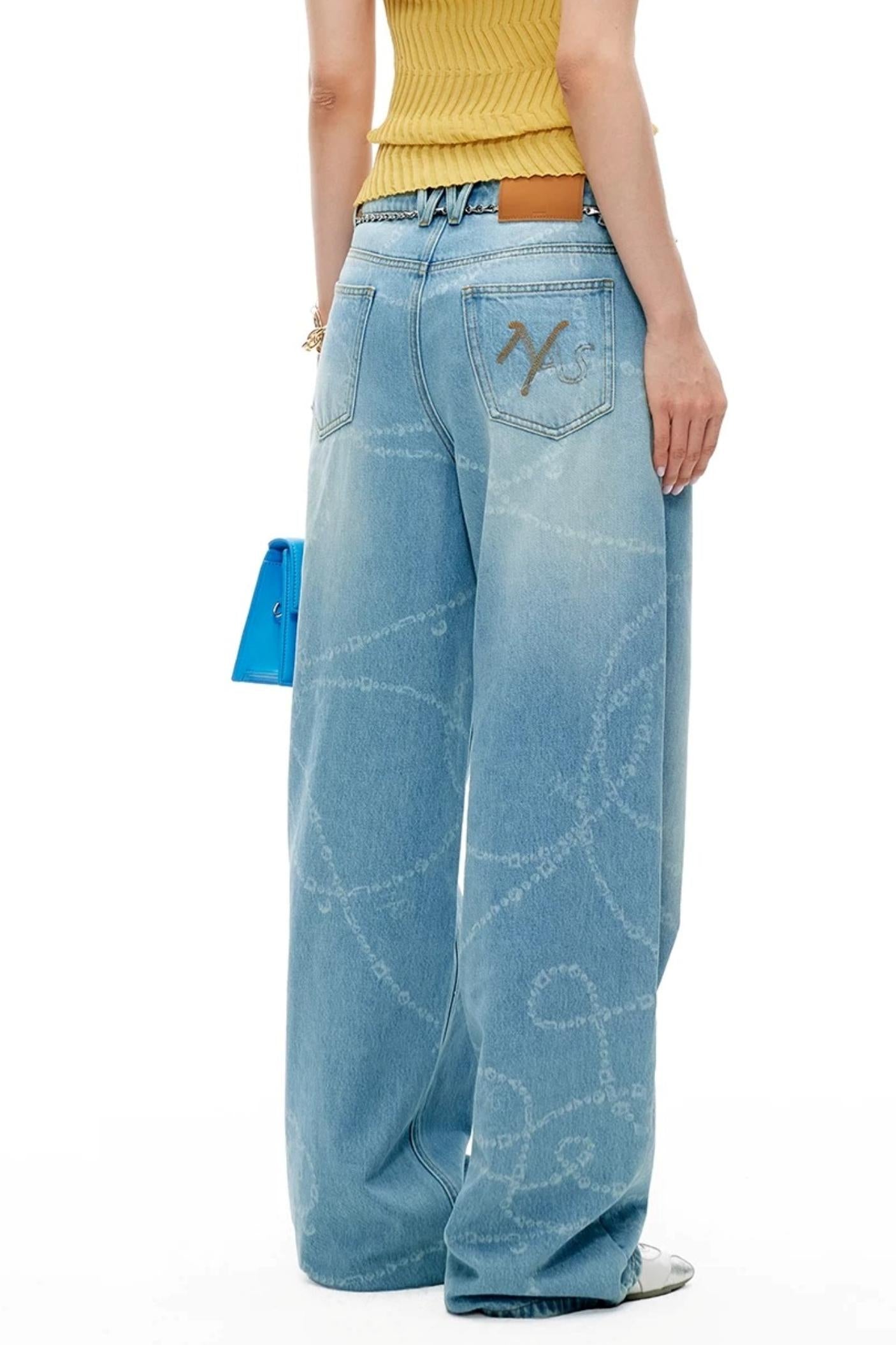 Washed Laser Print Denim Pants