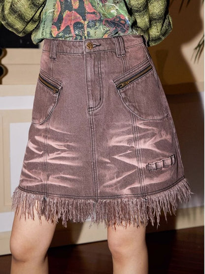 Fringe short section denim A-line half-body skirt