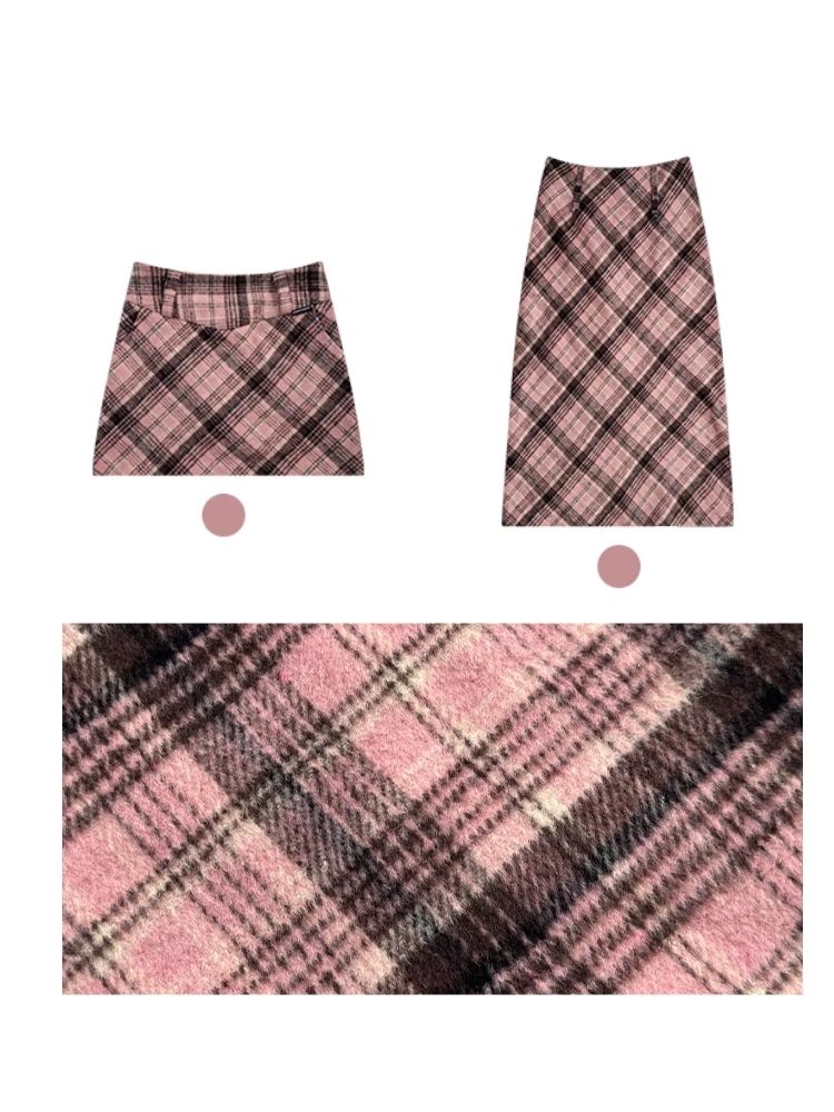 High-waisted thin tweed plaid half-body skirt