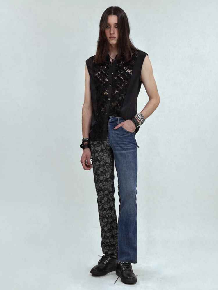 Lace Splicing Zipper Metallic Vest Shirt