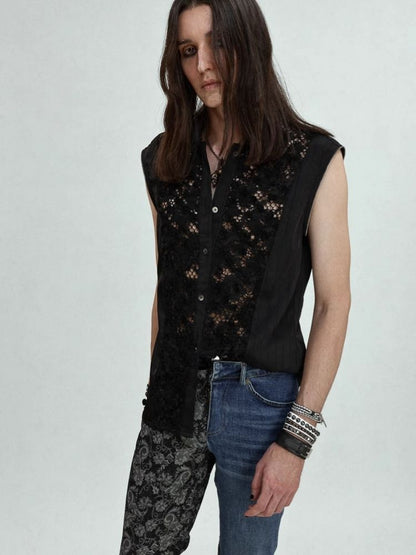 Lace Splicing Zipper Metallic Vest Shirt