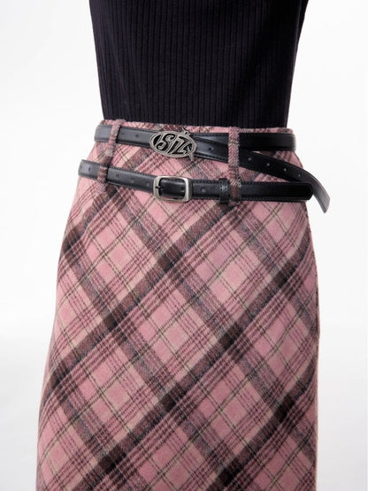 High-waisted thin tweed plaid half-body skirt