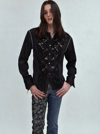 Lace Splicing Zipper Metallic Vest Shirt