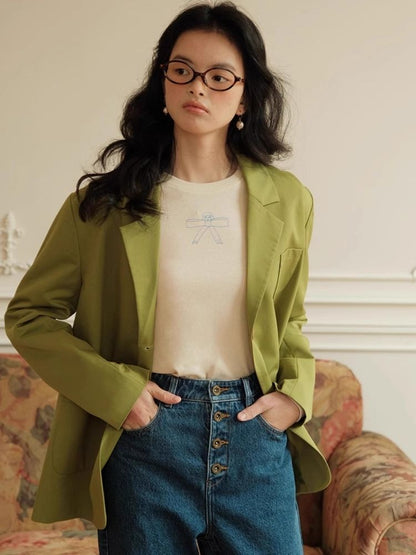 Green Literary Loose Suit Jacket