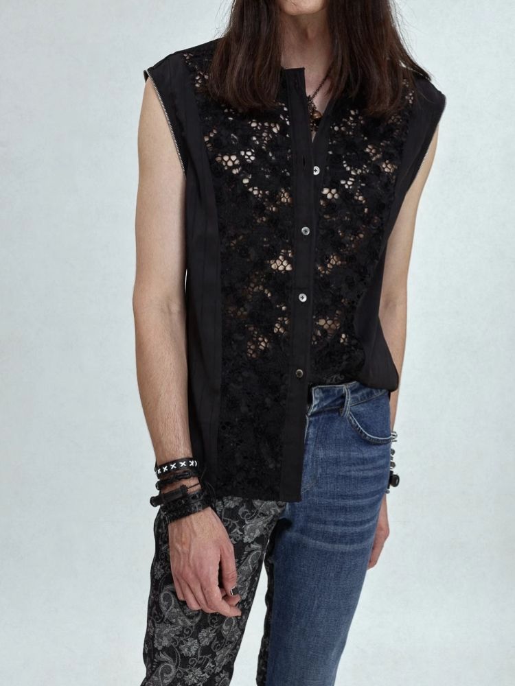 Lace Splicing Zipper Metallic Vest Shirt