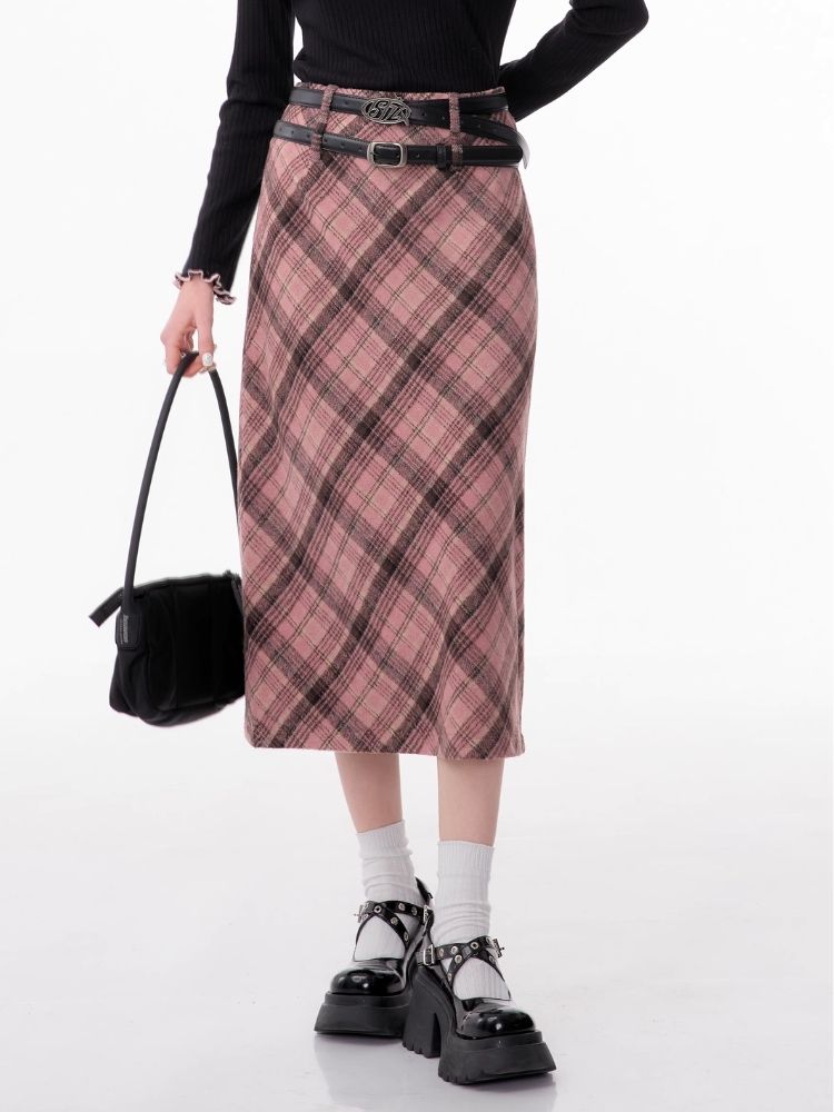 High-waisted thin tweed plaid half-body skirt