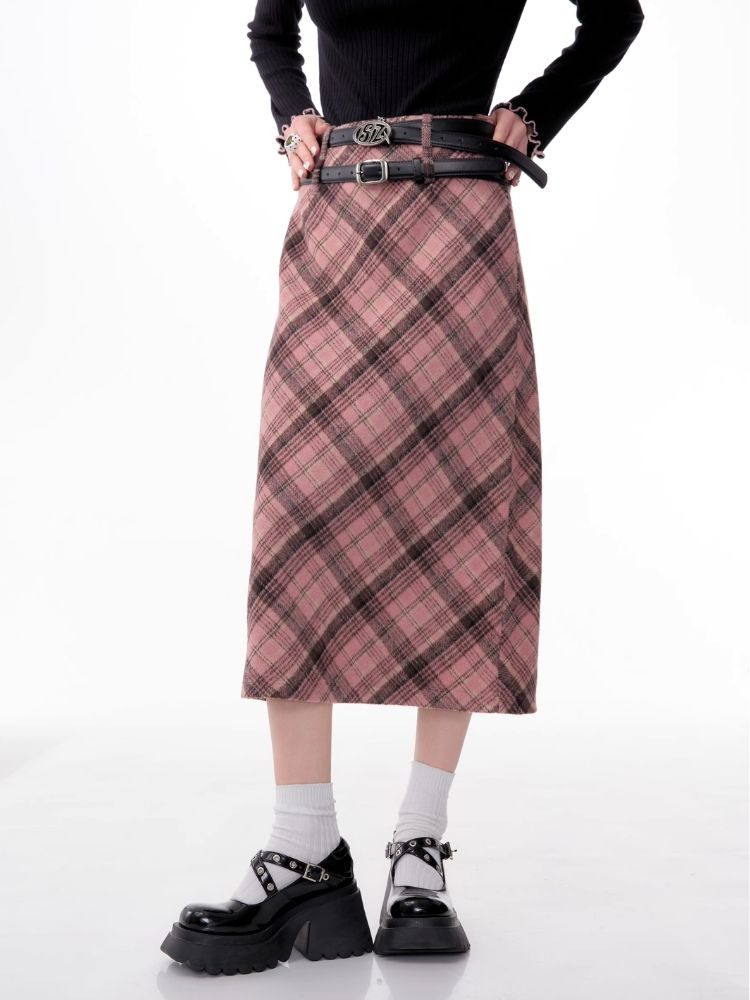 High-waisted thin tweed plaid half-body skirt