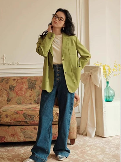 Green Literary Loose Suit Jacket