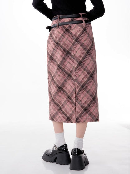 High-waisted thin tweed plaid half-body skirt