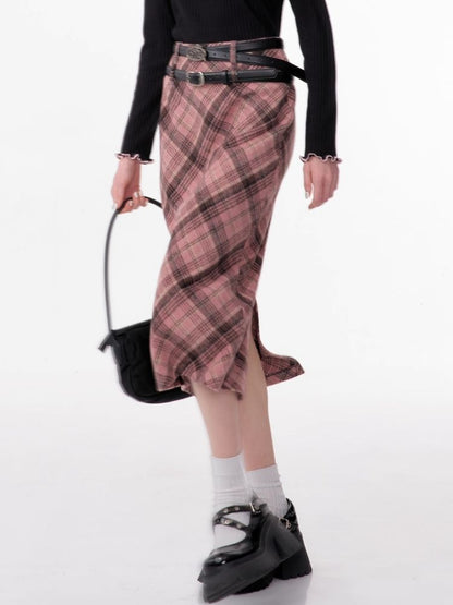 High-waisted thin tweed plaid half-body skirt