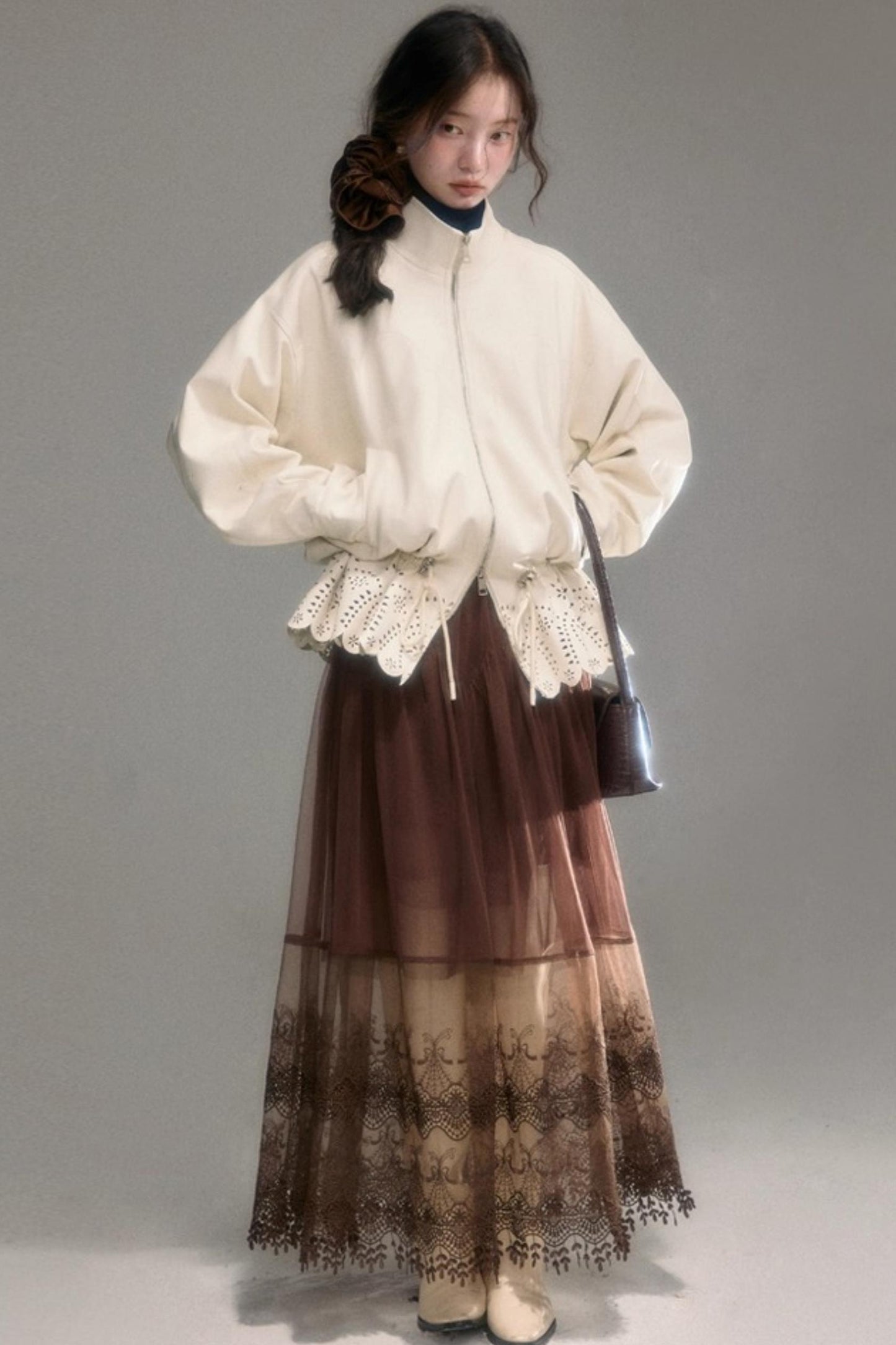 Hollow-Out Floral Leather Jacket