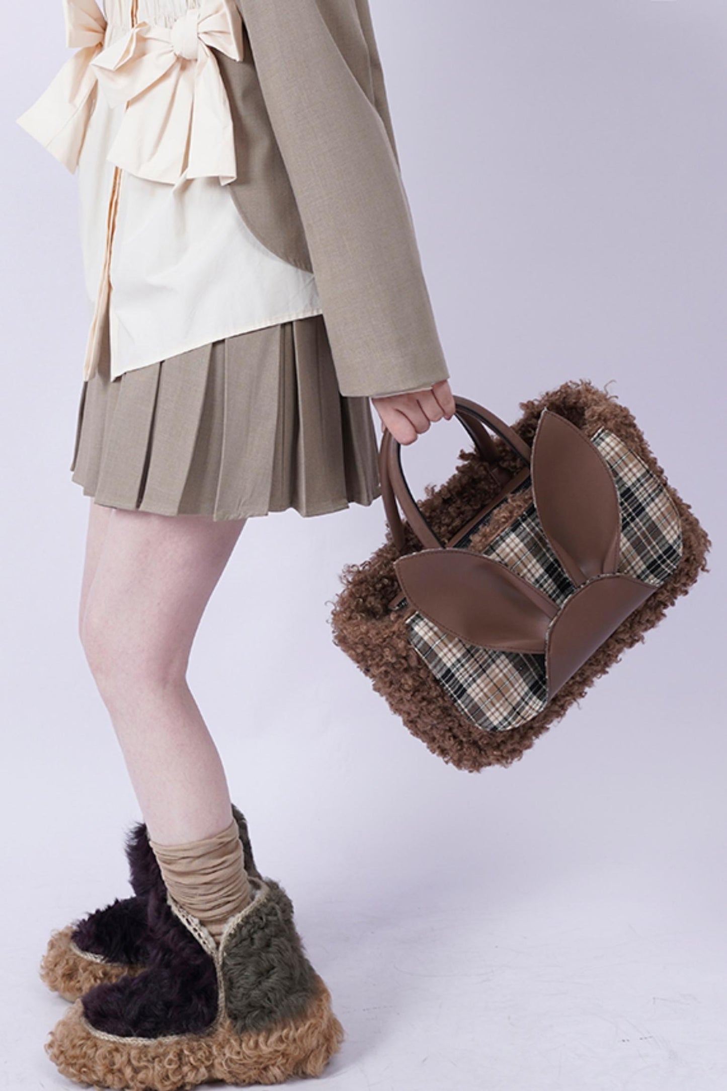 Plaid Rabbit Fur Tote Bag