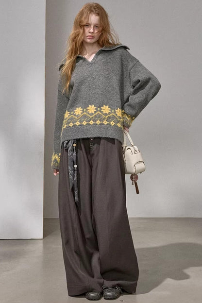 Lace-Up Collar Sweater Set-Up