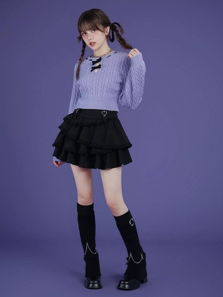 Blue-purple bow twist short sweater