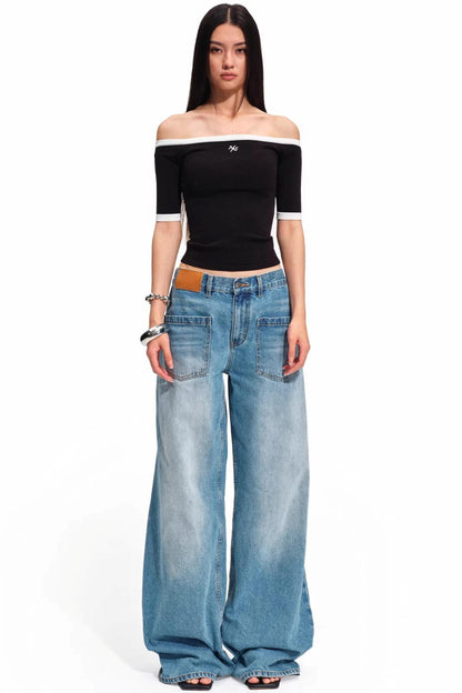 Off-Shoulder Contrast Knit Top