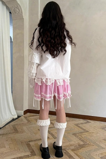 Pink-White Plaid Lace Shirt