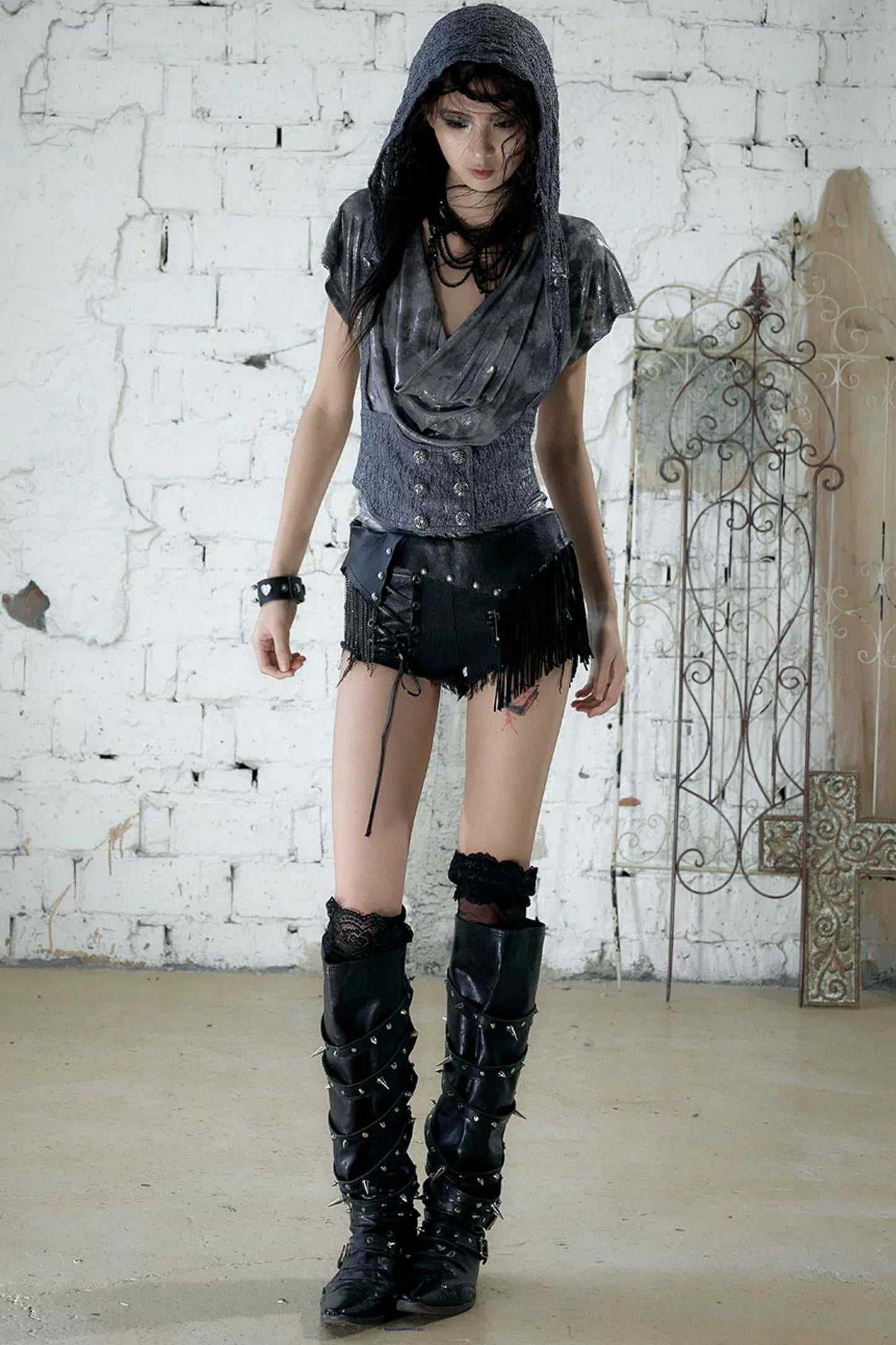 Punk Chain Leather Denim Shorts