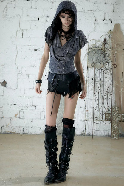 Punk Chain Leather Denim Shorts