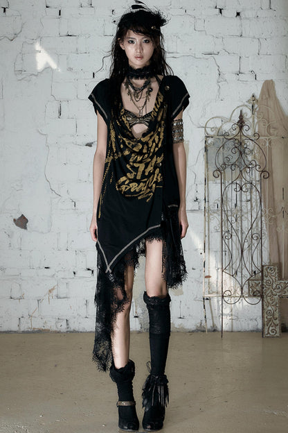 Punk Asymmetrical Neckline T-Shirt Set-Up