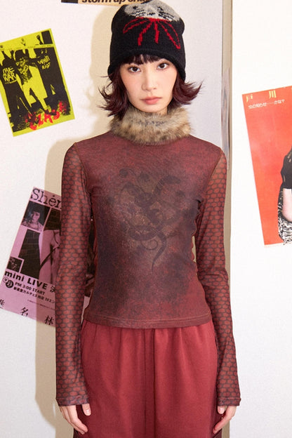 Graffiti Spliced Fur Collar Top