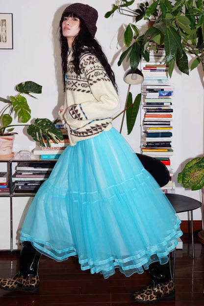 Autumn Mesh Puffy Long Skirt