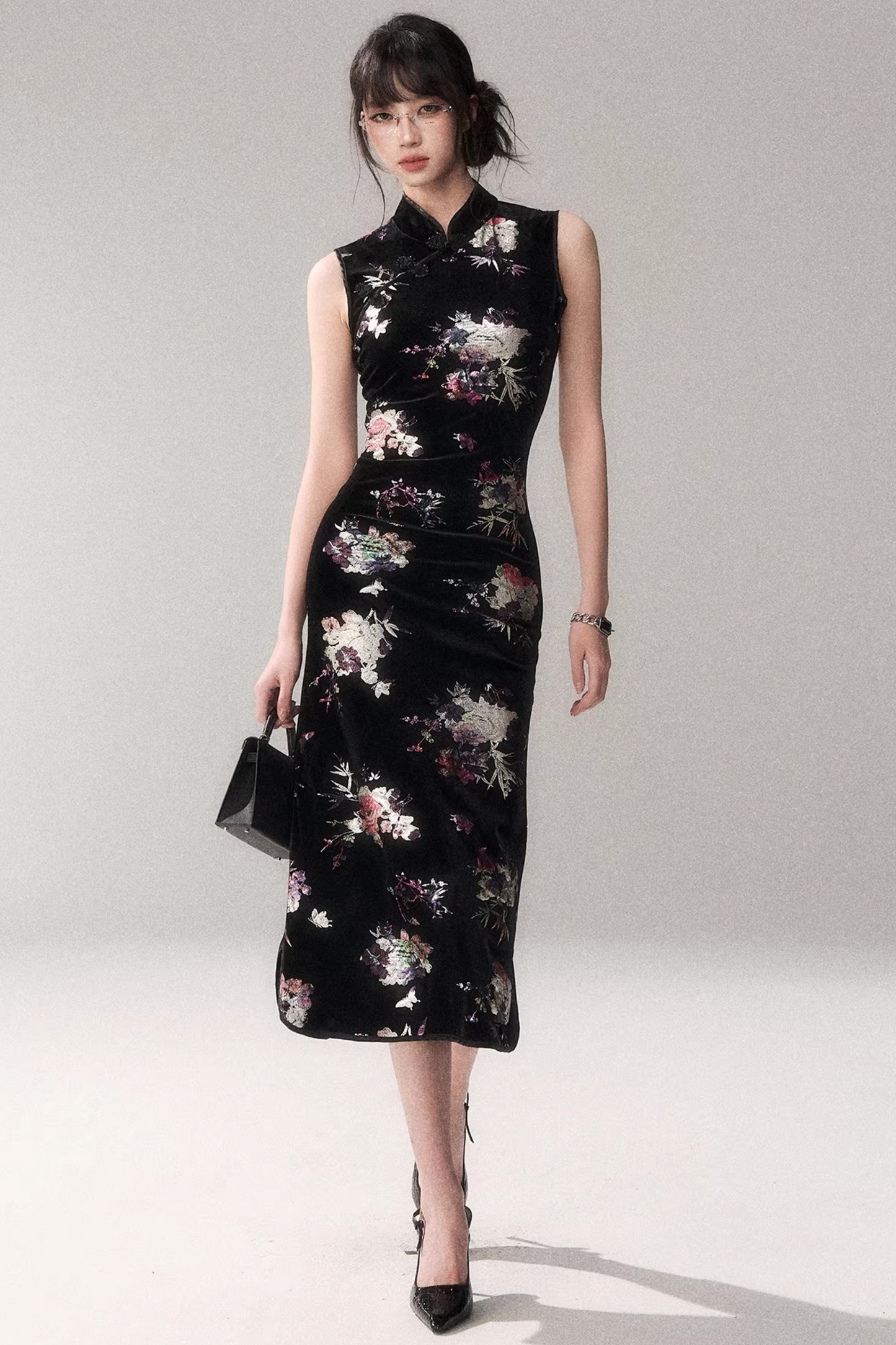 Gold-Embellished Velvet Qipao Dress