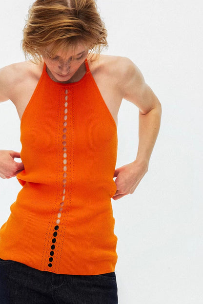 Vibrant orange color-blocked knit top made from premium lyocell fabric