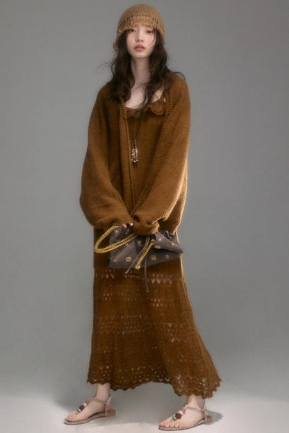 Crochet Knit Camisole Dress Cardigan Set-Up