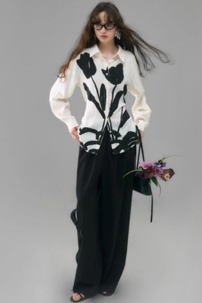 Three-Dimensional Calla Lily Linen Blend Wide-Leg Pants