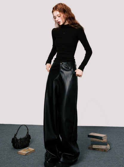 High waist wide leather pants