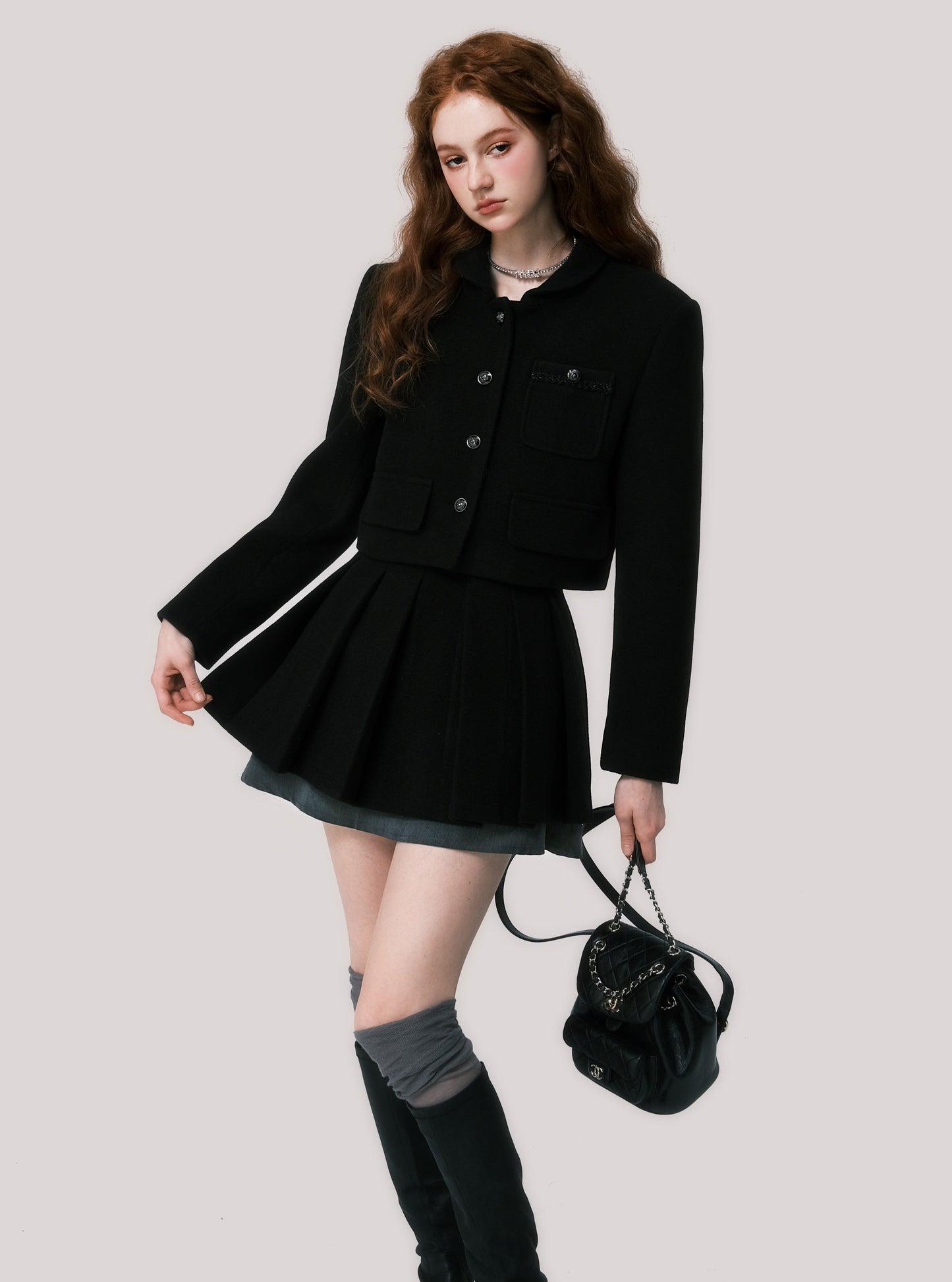 Short coat pleated skirt set