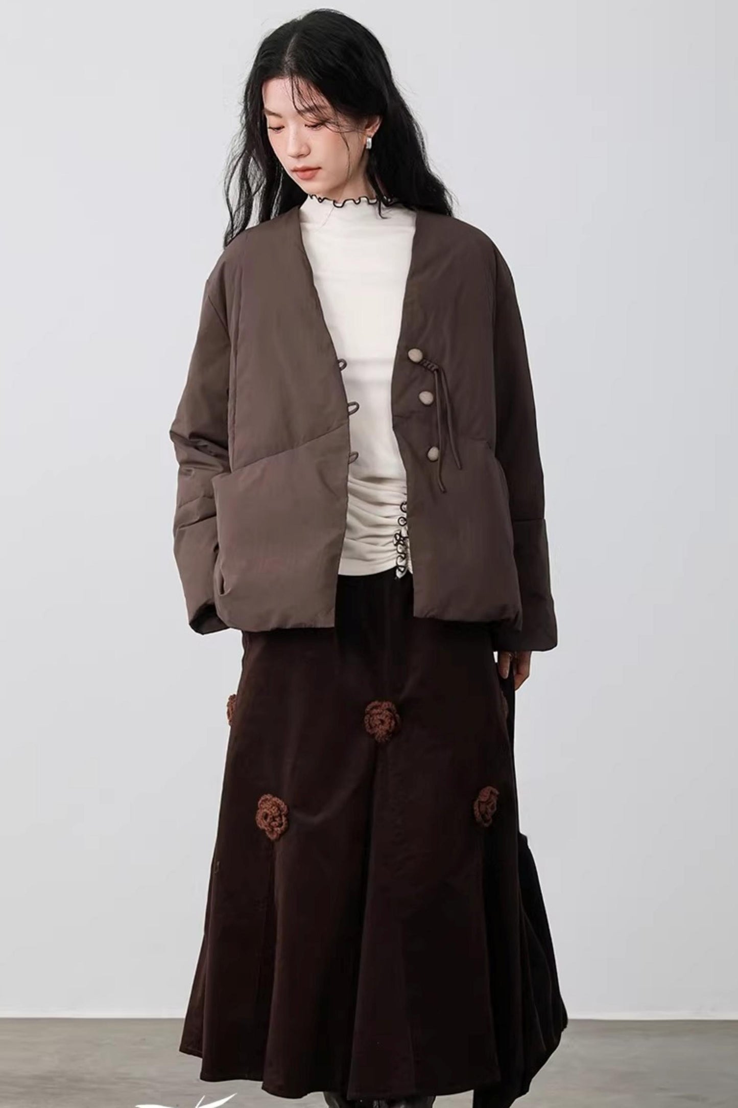 Three-Dimensional Floral Corduroy Skirt