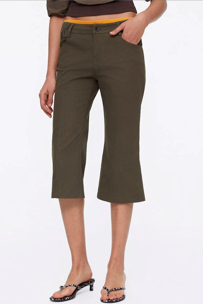 Vintage army green flared capri pants with exposed seam design