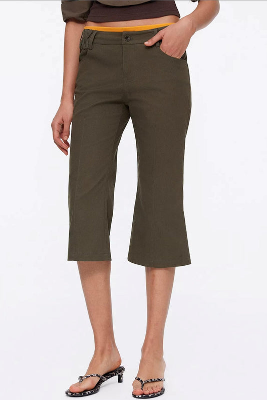 Vintage army green flared capri pants with exposed seam design