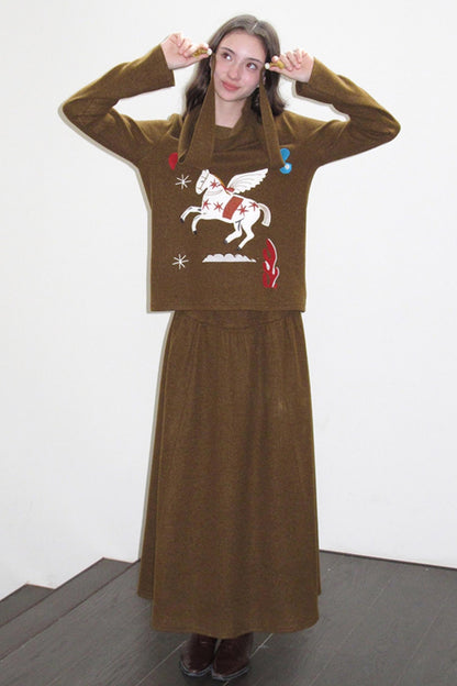 Three-Dimensional Pony Knit Top & Skirt Set