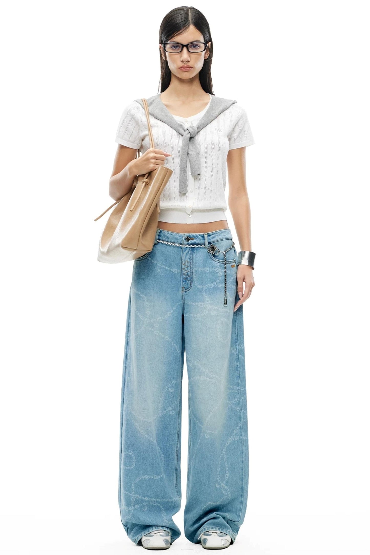 Washed Laser Print Denim Pants