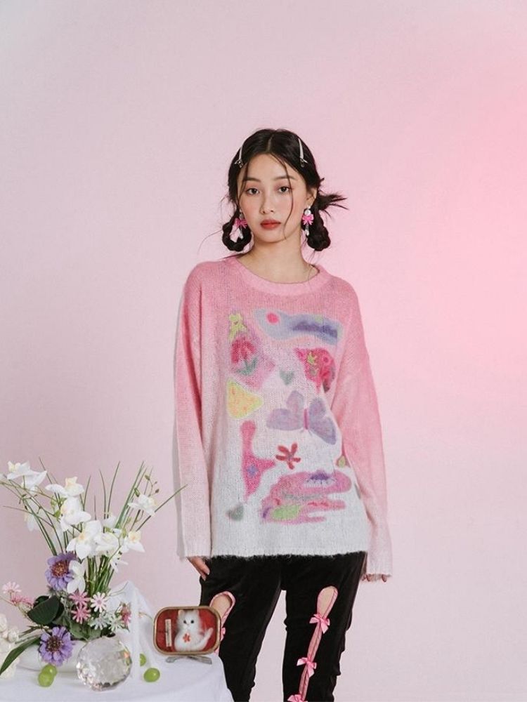 Romantic Butterfly Print Thin Sweater