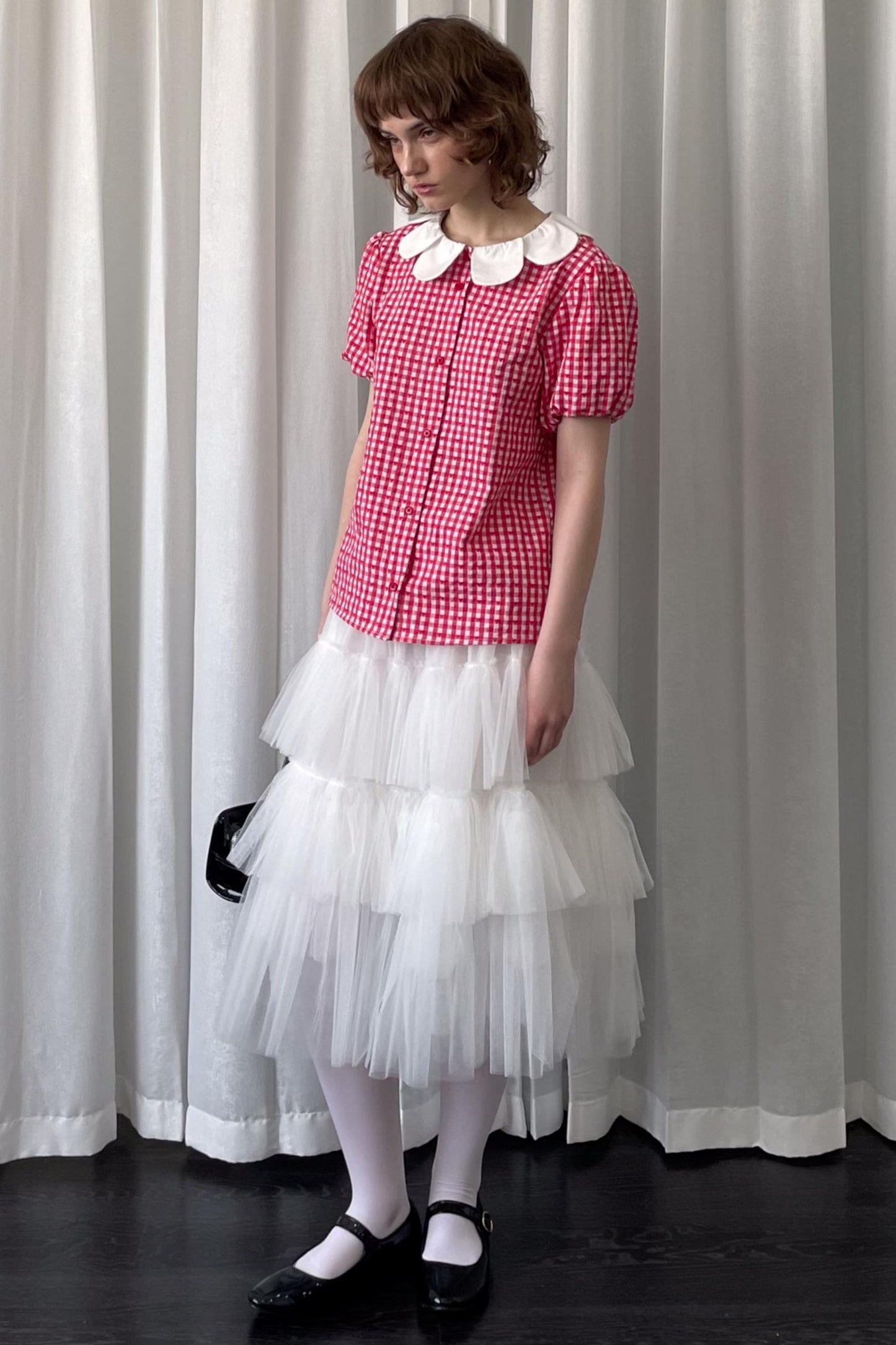 Red Plaid Lantern Sleeve Shirt