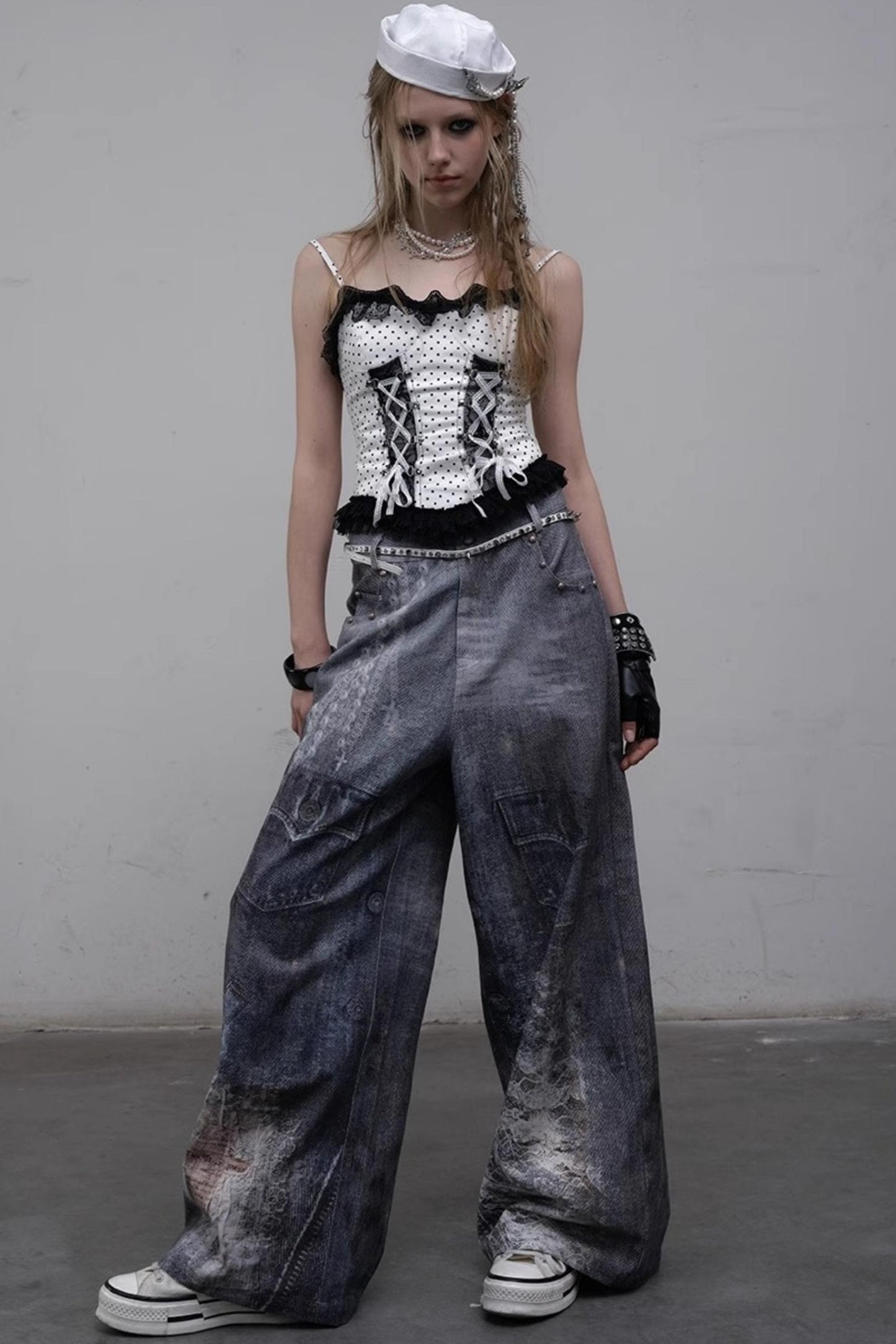 Printed Blue Wide-Leg Denim Pants