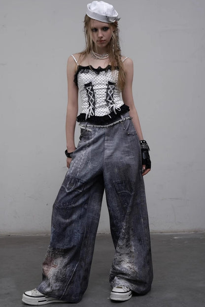 Printed Blue Wide-Leg Denim Pants