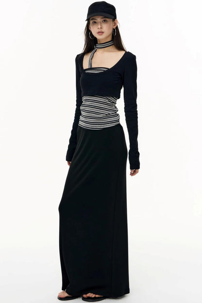 Contrast Long-Sleeved Top With Bandeau Set